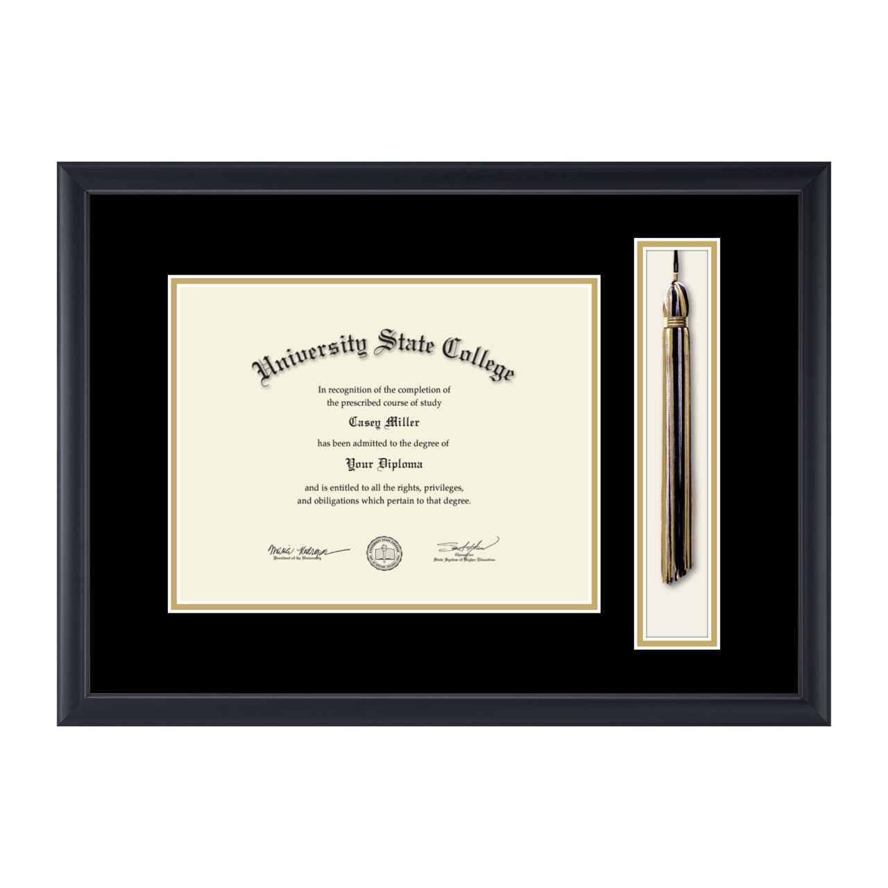 Framerly - 11"w x 8.5"h Tassel Diploma Frame - Eco-Friendly Black Moulding with Black and Gold Matting